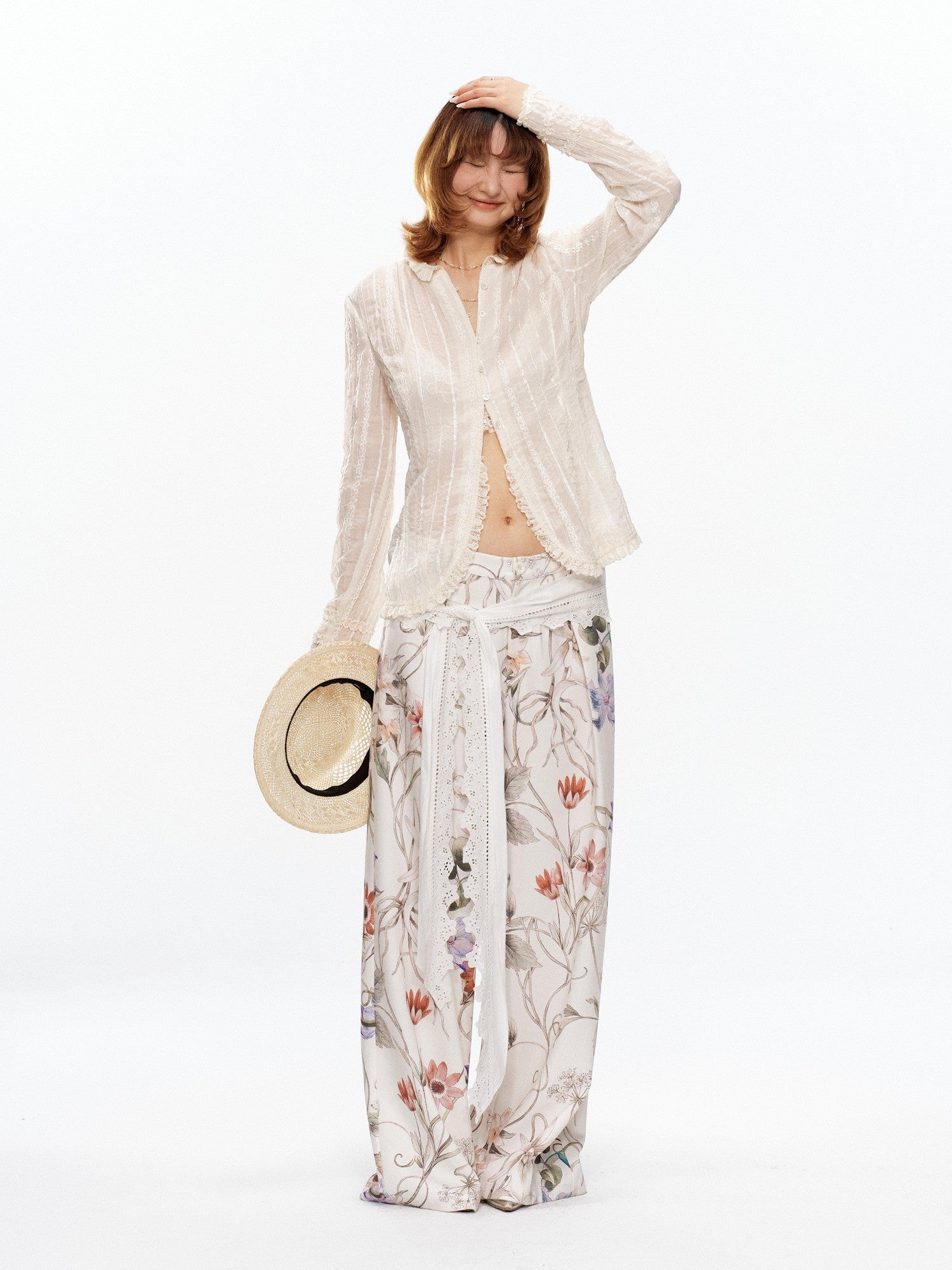 YOSHUYUKI Beige Pleated Texture Lace Spliced Open Front Vintage Court Women&