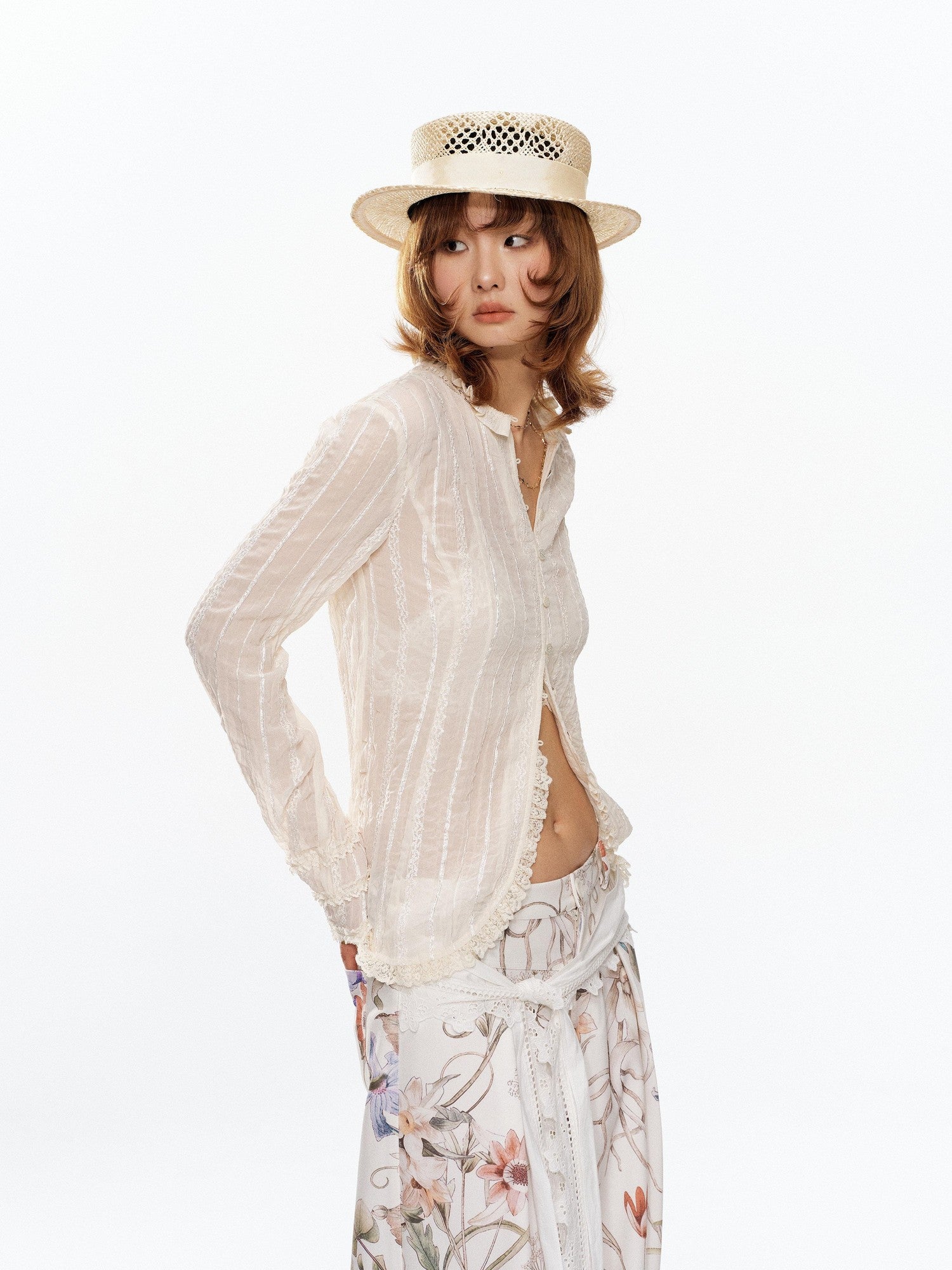 YOSHUYUKI Beige Pleated Texture Lace Spliced Open Front Vintage Court Women&