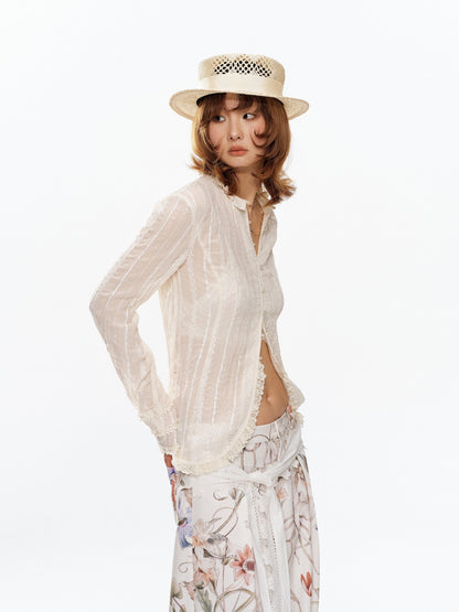 YOSHUYUKI Beige Pleated Texture Lace Spliced Open Front Vintage Court Women&