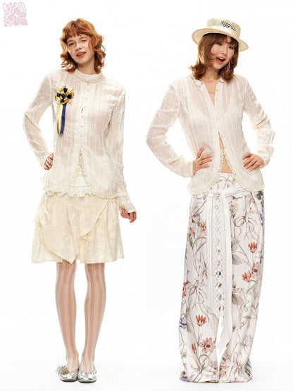 YOSHUYUKI Beige Pleated Texture Lace Spliced Open Front Vintage Court Women&