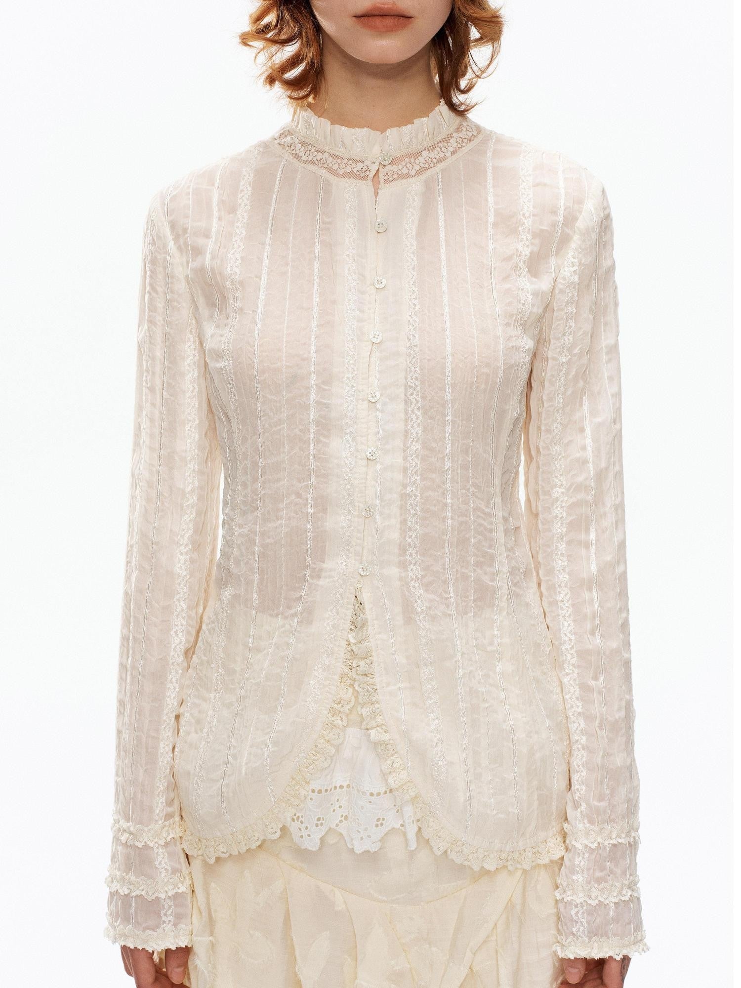 YOSHUYUKI Beige Pleated Texture Lace Spliced Open Front Vintage Court Women&