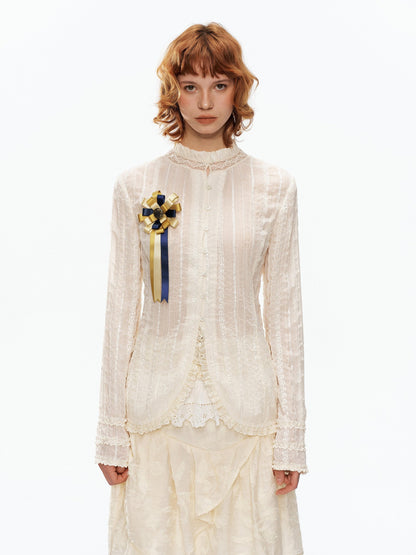YOSHUYUKI Beige Pleated Texture Lace Spliced Open Front Vintage Court Women&