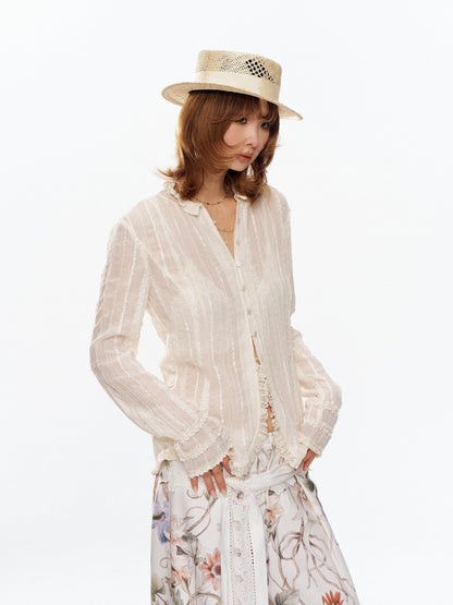 YOSHUYUKI Beige Pleated Texture Lace Spliced Open Front Vintage Court Women&