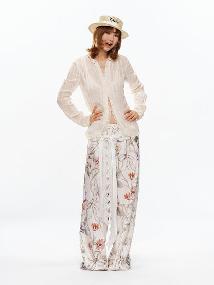 YOSHUYUKI Beige Pleated Texture Lace Spliced Open Front Vintage Court Women&