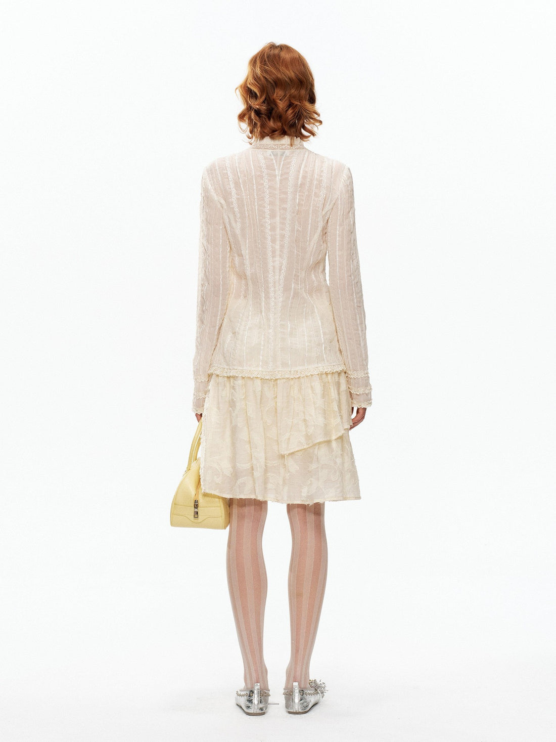 YOSHUYUKI Beige Pleated Texture Lace Spliced Open Front Vintage Court Women&
