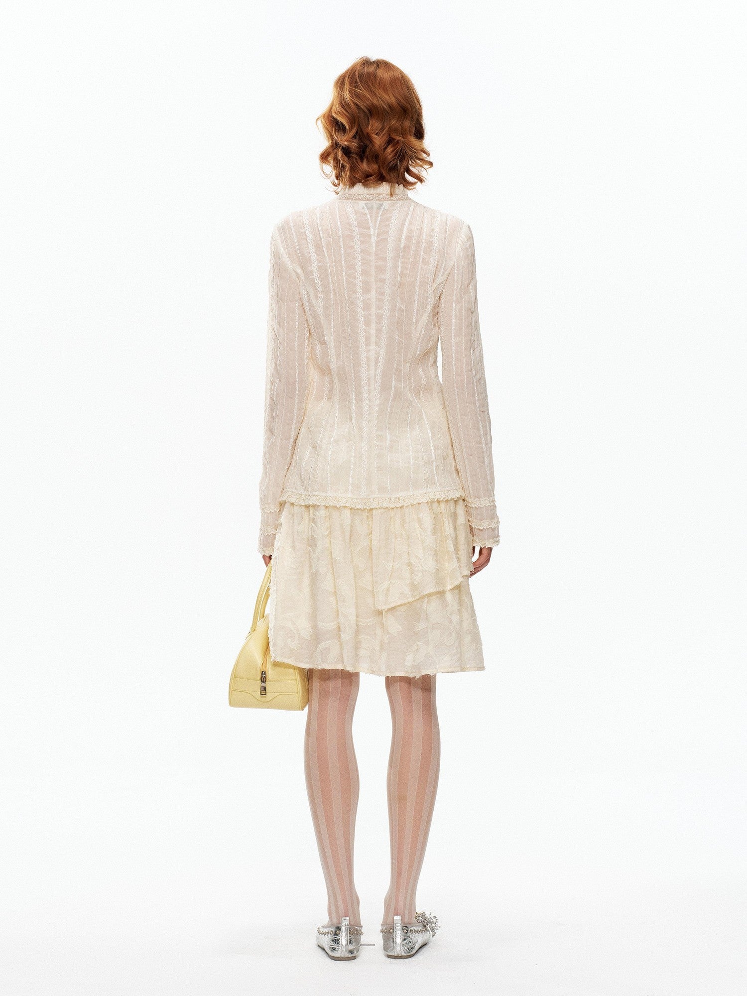 YOSHUYUKI Beige Pleated Texture Lace Spliced Open Front Vintage Court Women&