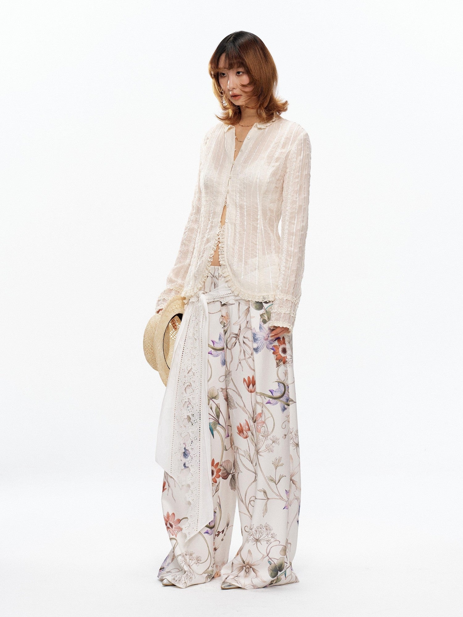 YOSHUYUKI Beige Pleated Texture Lace Spliced Open Front Vintage Court Women&