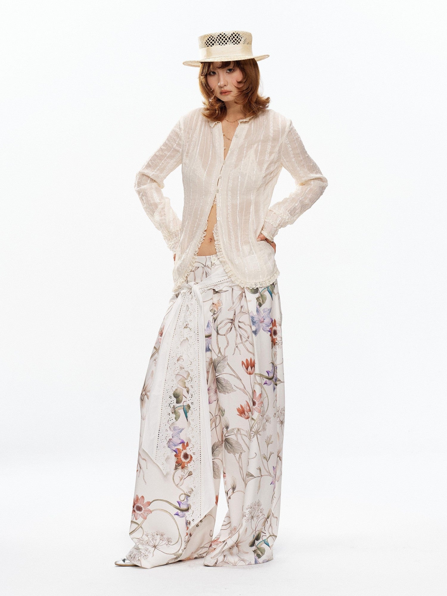 YOSHUYUKI Beige Pleated Texture Lace Spliced Open Front Vintage Court Women&