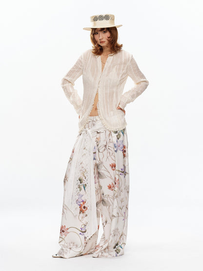 YOSHUYUKI Beige Pleated Texture Lace Spliced Open Front Vintage Court Women&