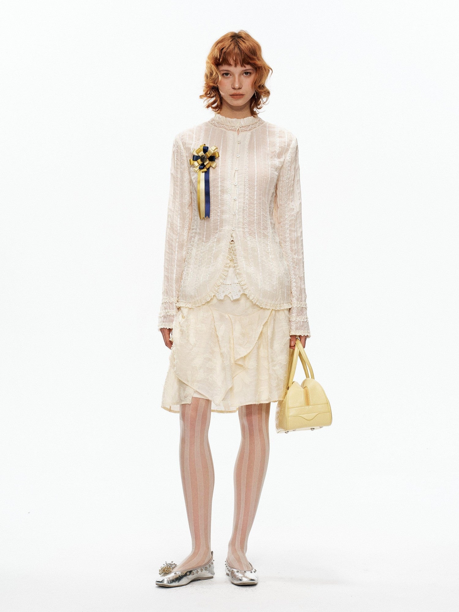 YOSHUYUKI Beige Pleated Texture Lace Spliced Open Front Vintage Court Women&