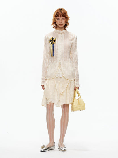 YOSHUYUKI Beige Pleated Texture Lace Spliced Open Front Vintage Court Women&