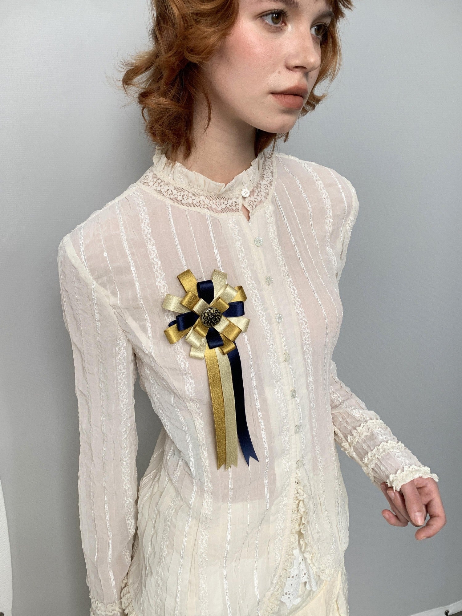 YOSHUYUKI Beige Pleated Texture Lace Spliced Open Front Vintage Court Women&