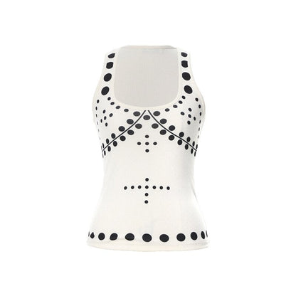 YOSHUYUKI_Beige_Polka_Dot_Print_Knit_U_Neck_Slim_H_Silhouette_Women&