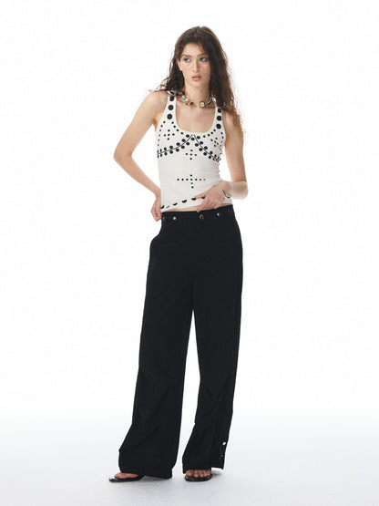 YOSHUYUKI Beige Polka Dot Print Knit U Neck Slim H Silhouette Women&