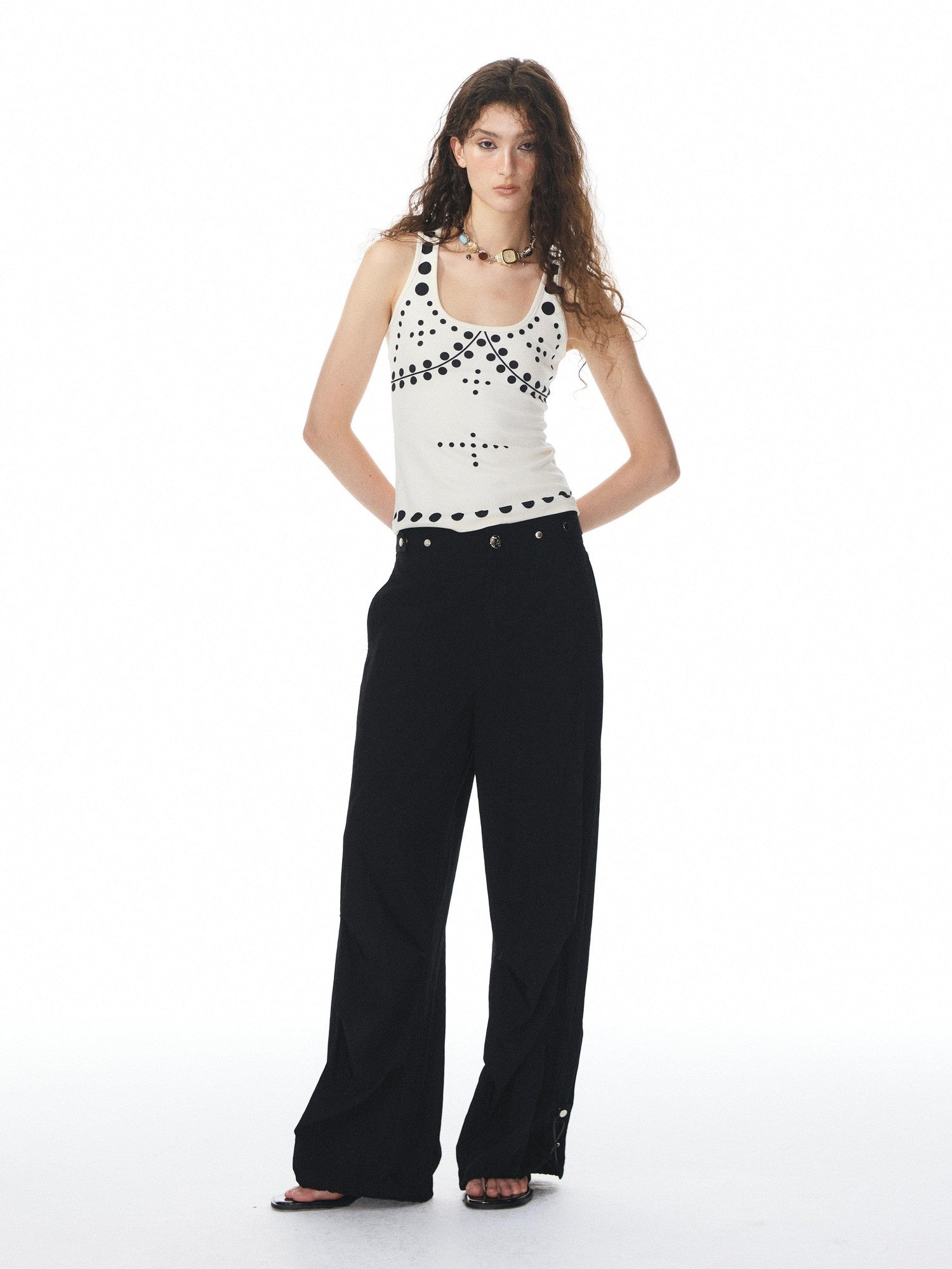 YOSHUYUKI Beige Polka Dot Print Knit U Neck Slim H Silhouette Women&