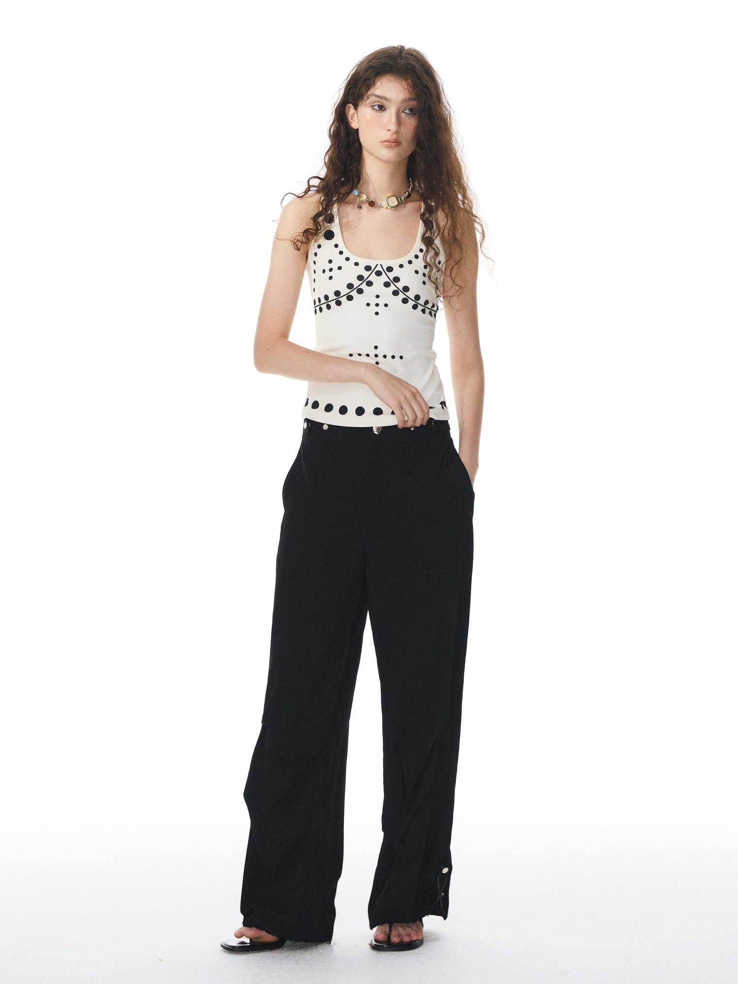 YOSHUYUKI Beige Polka Dot Print Knit U Neck Slim H Silhouette Women&