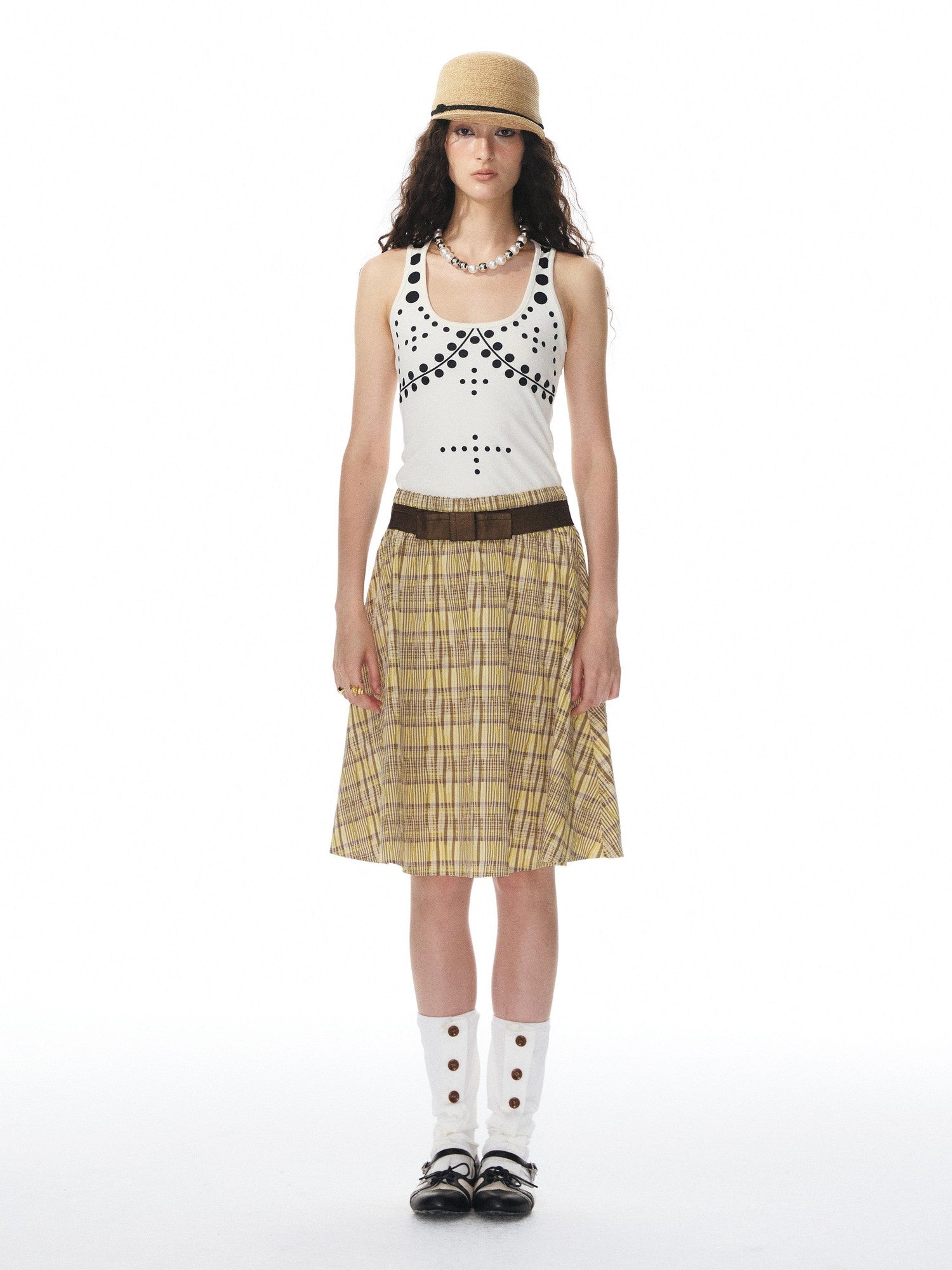 YOSHUYUKI Beige Polka Dot Print Knit U Neck Slim H Silhouette Women&