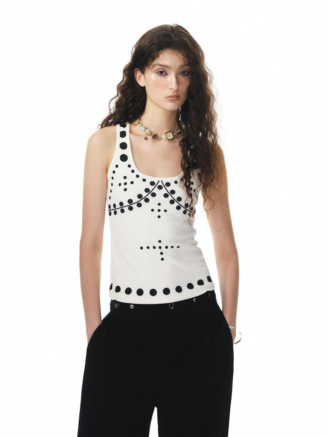 YOSHUYUKI Beige Polka Dot Print Knit U Neck Slim H Silhouette Women&