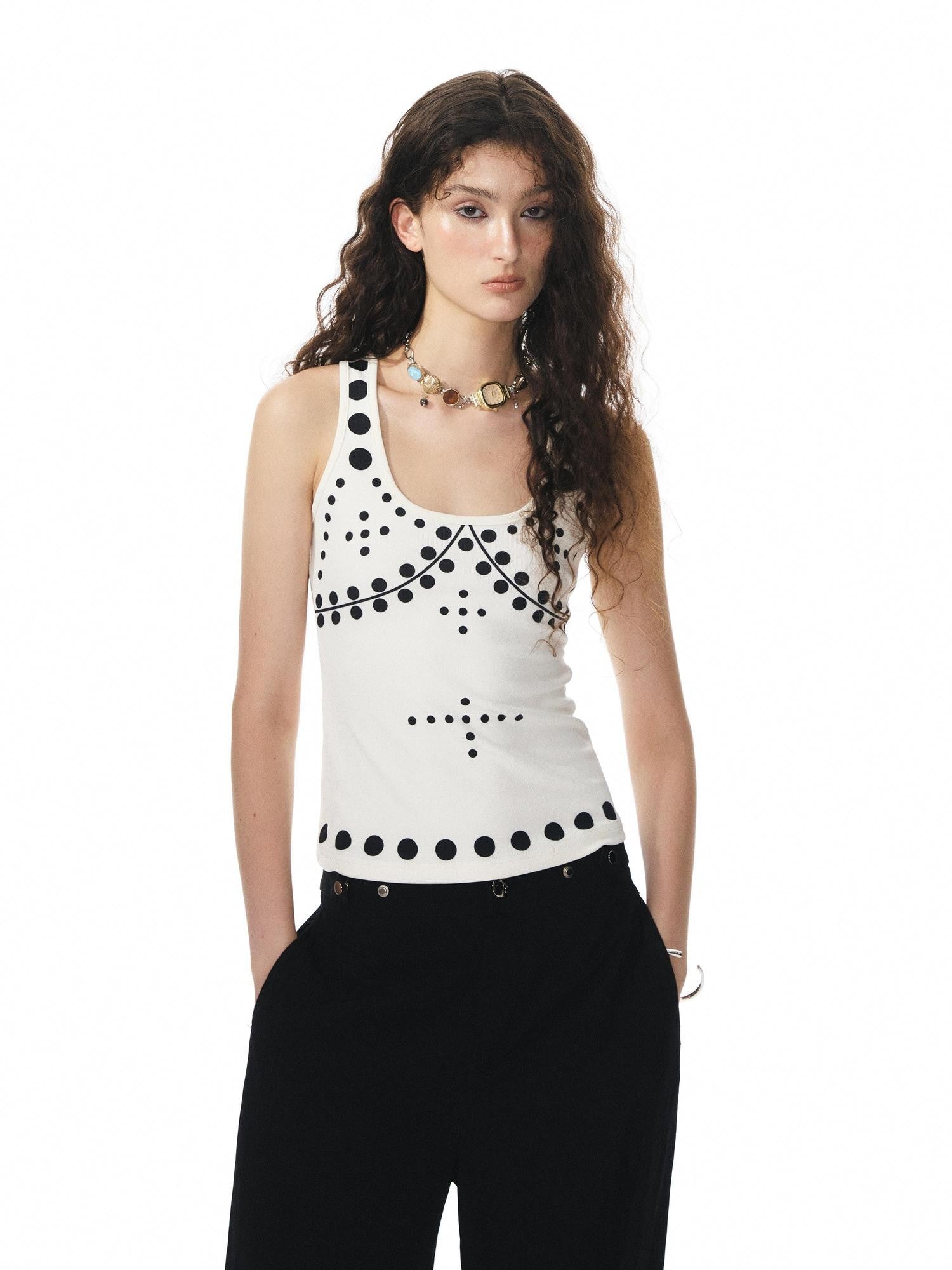 YOSHUYUKI Beige Polka Dot Print Knit U Neck Slim H Silhouette Women&