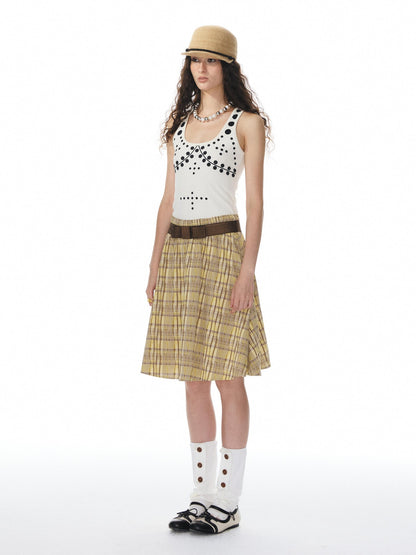 YOSHUYUKI Beige Polka Dot Print Knit U Neck Slim H Silhouette Women&