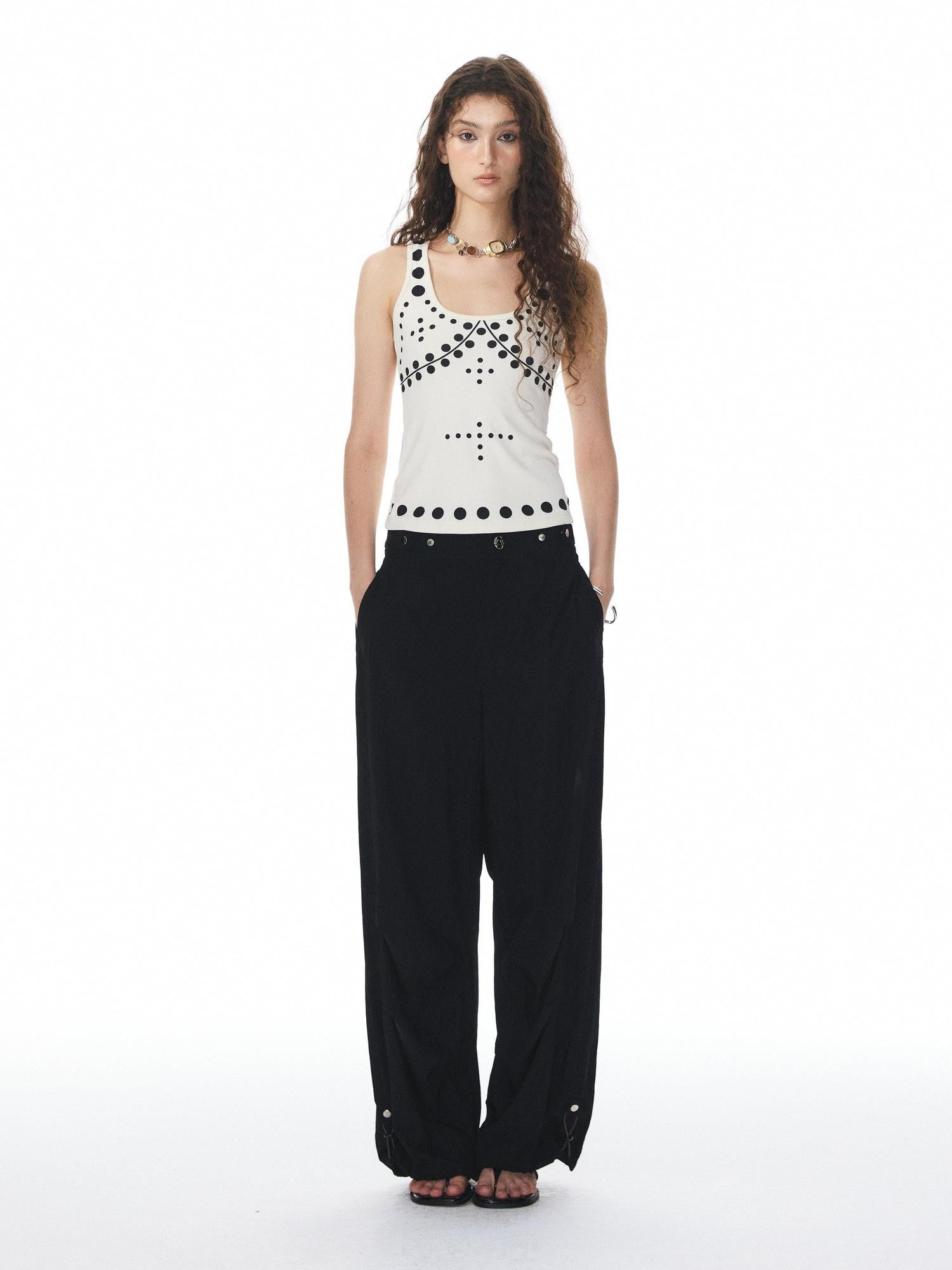 YOSHUYUKI Beige Polka Dot Print Knit U Neck Slim H Silhouette Women&