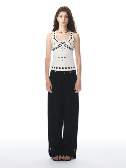YOSHUYUKI Beige Polka Dot Print Knit U Neck Slim H Silhouette Women&