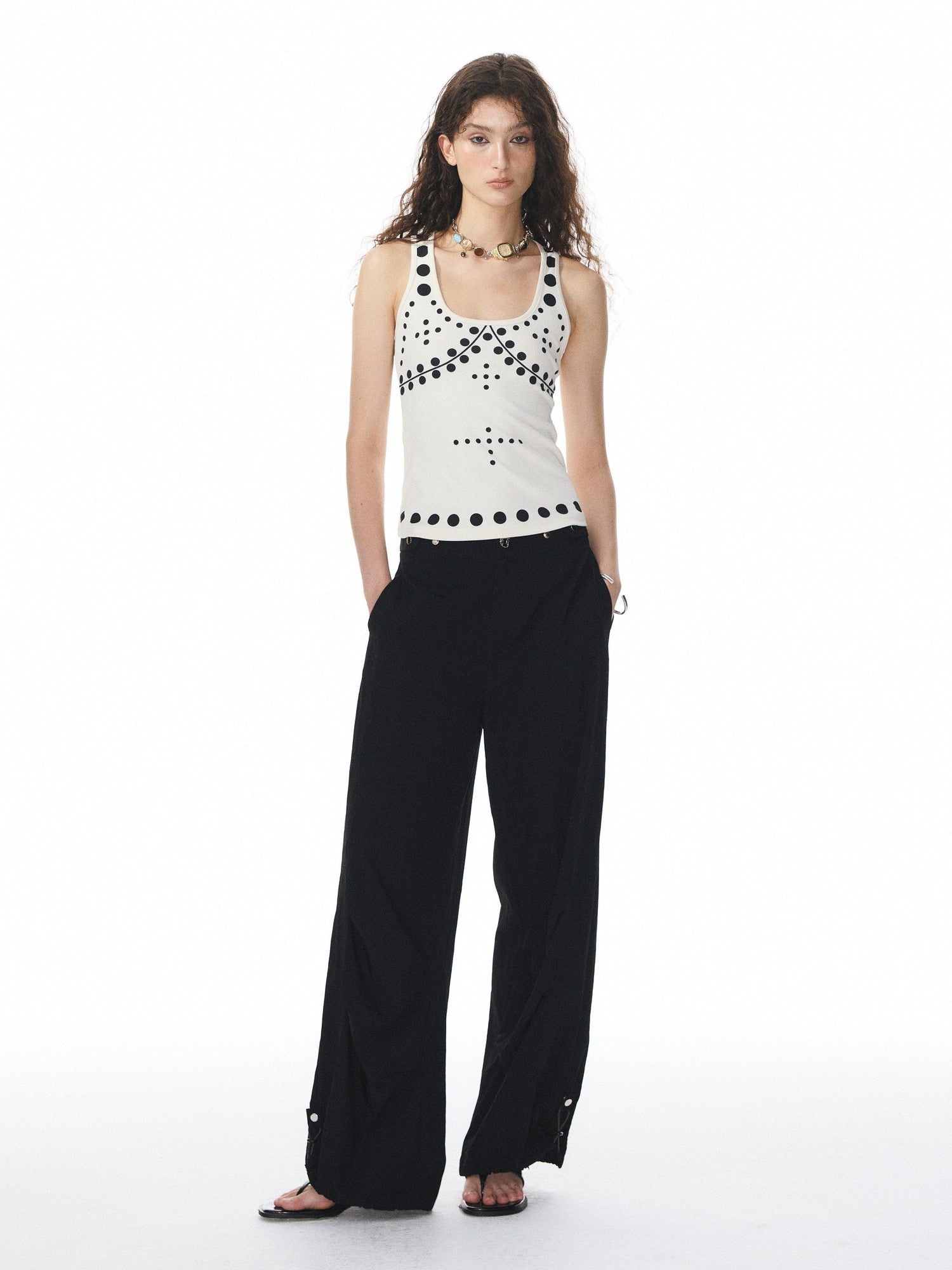 YOSHUYUKI Beige Polka Dot Print Knit U Neck Slim H Silhouette Women&