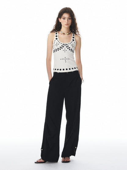 YOSHUYUKI Beige Polka Dot Print Knit U Neck Slim H Silhouette Women&