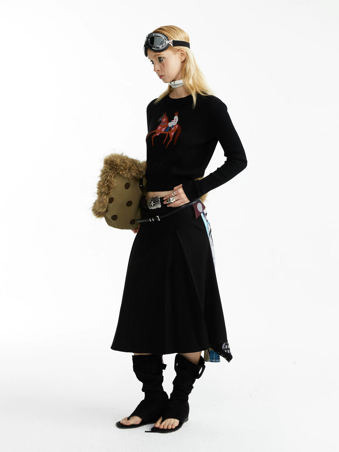 YOSHUYUKI Black Jacquard Equestrian Animal Knitted Women&