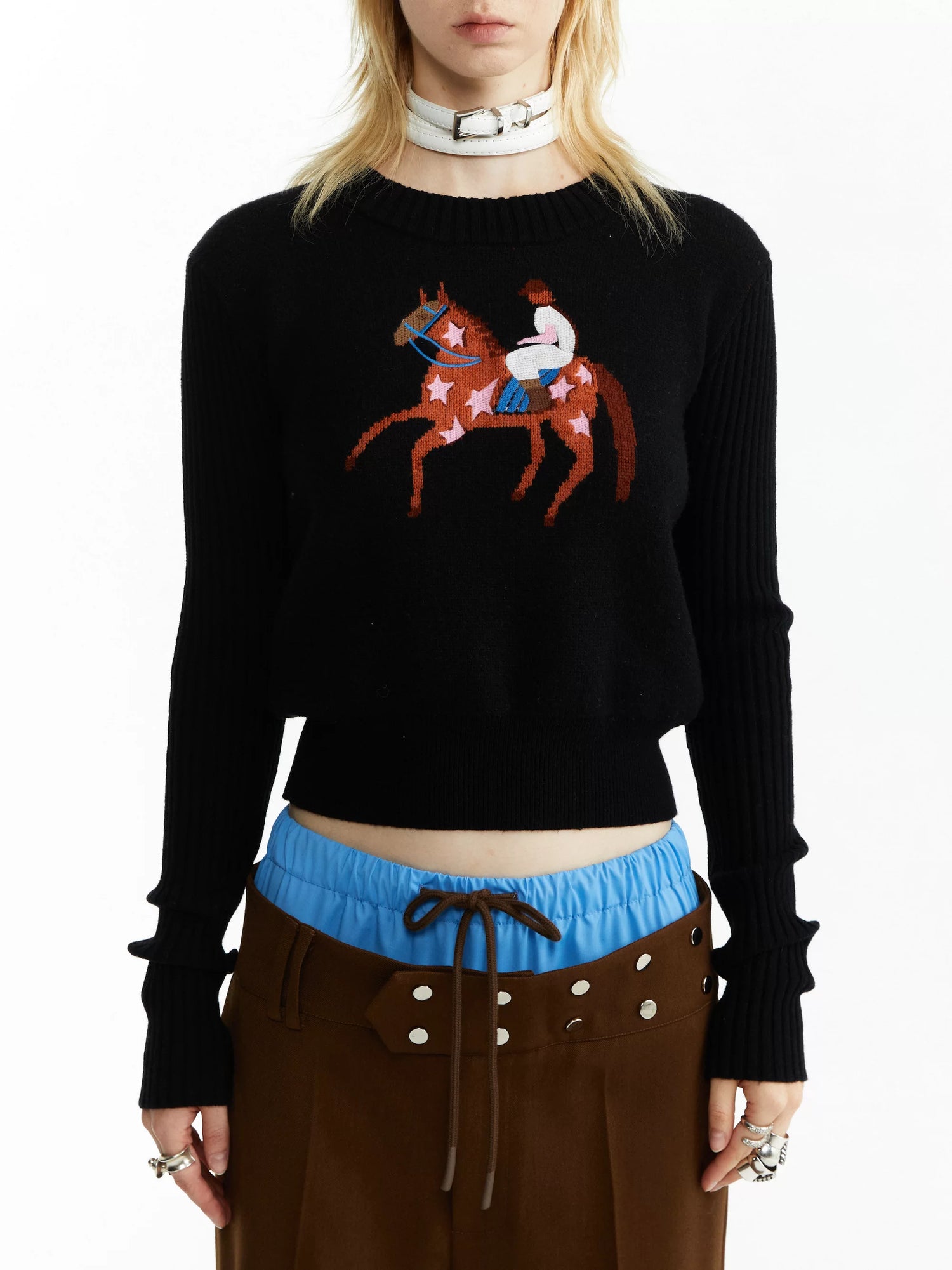 YOSHUYUKI Black Jacquard Equestrian Animal Knitted Women&