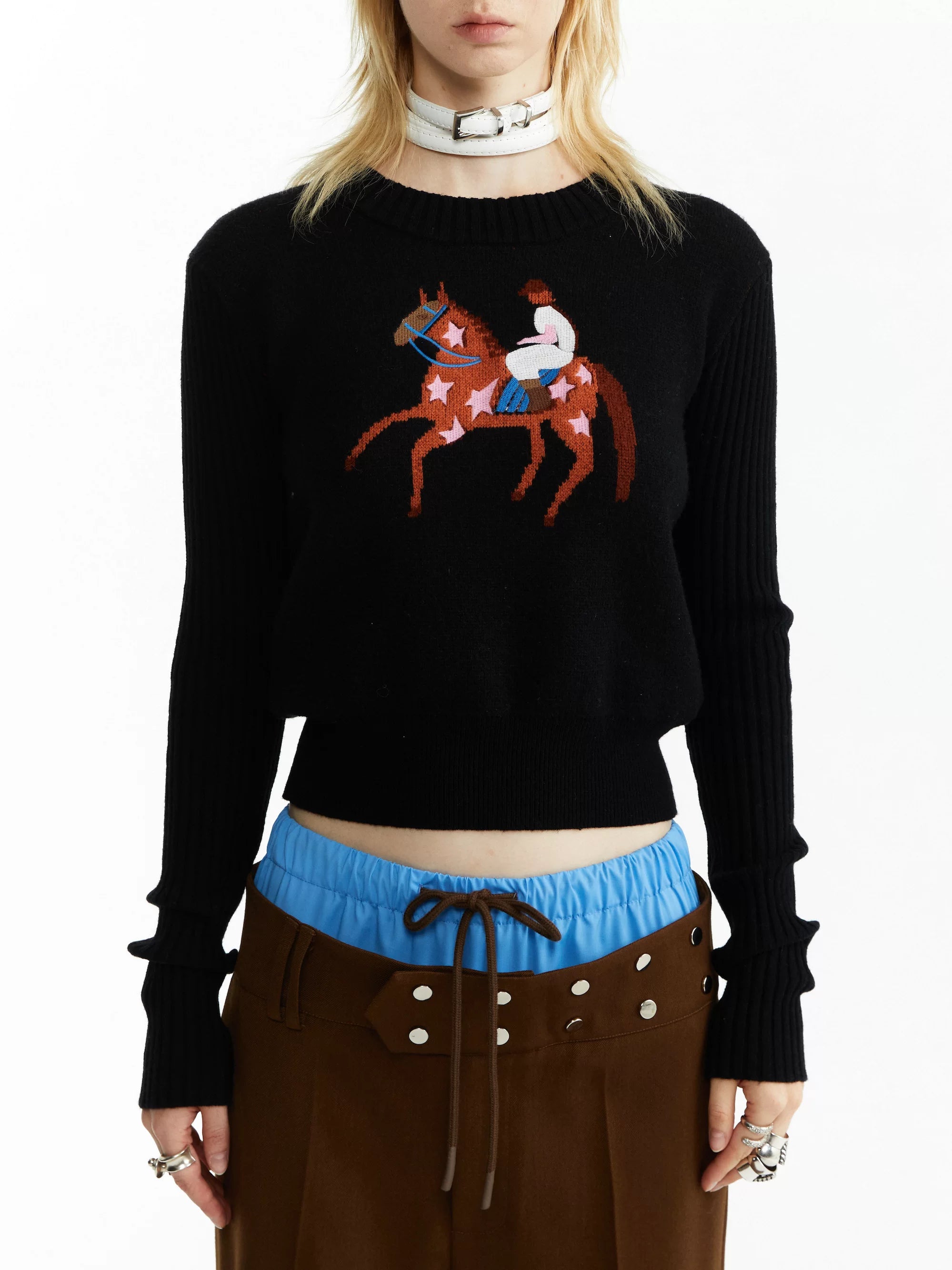 YOSHUYUKI Black Jacquard Equestrian Animal Knitted Women&