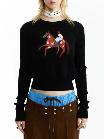 YOSHUYUKI Black Jacquard Equestrian Animal Knitted Women&