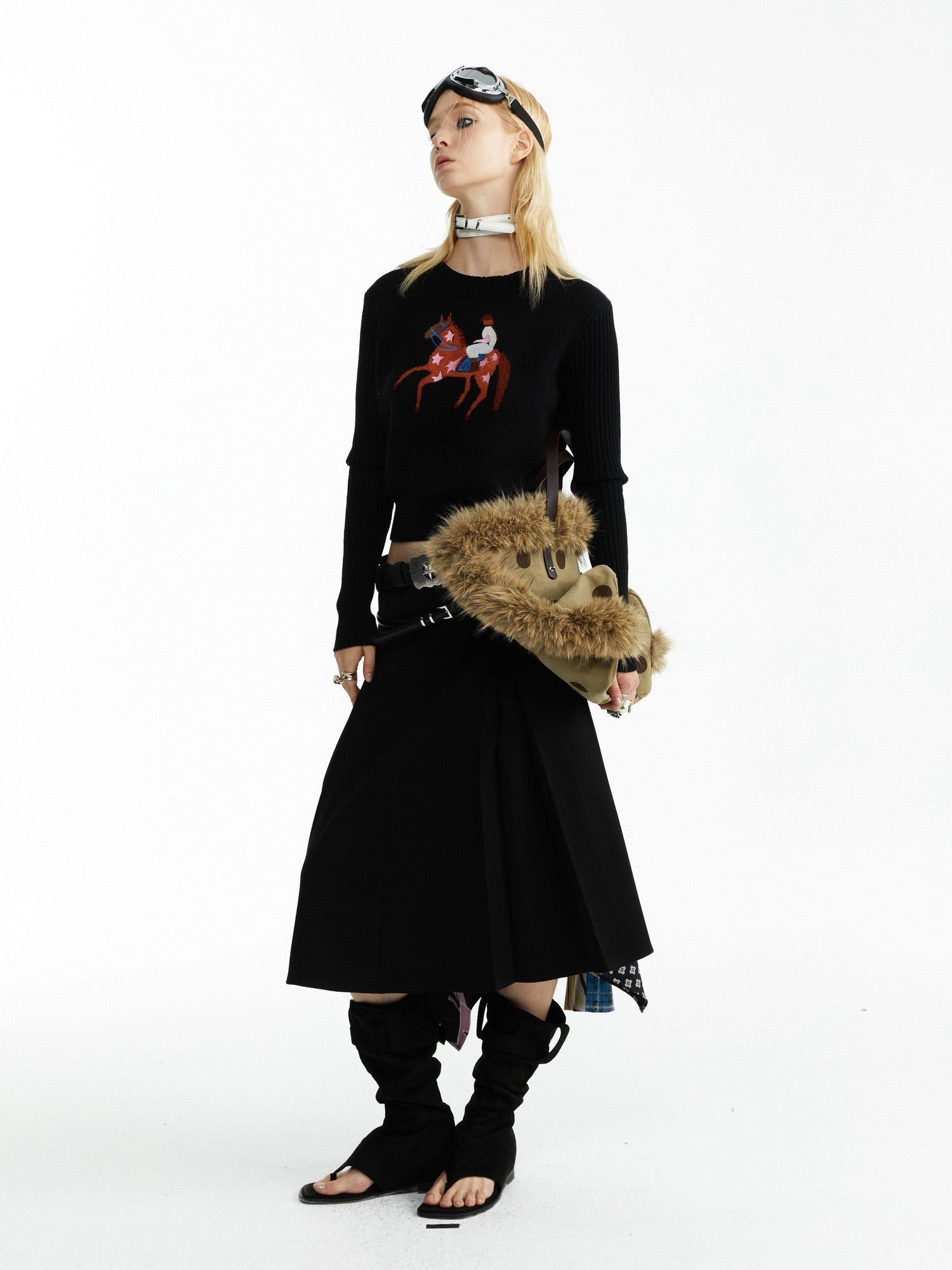 YOSHUYUKI Black Jacquard Equestrian Animal Knitted Women&