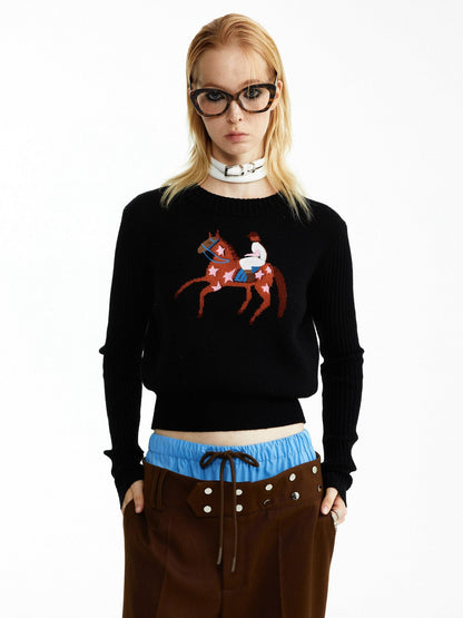 YOSHUYUKI Black Jacquard Equestrian Animal Knitted Women&