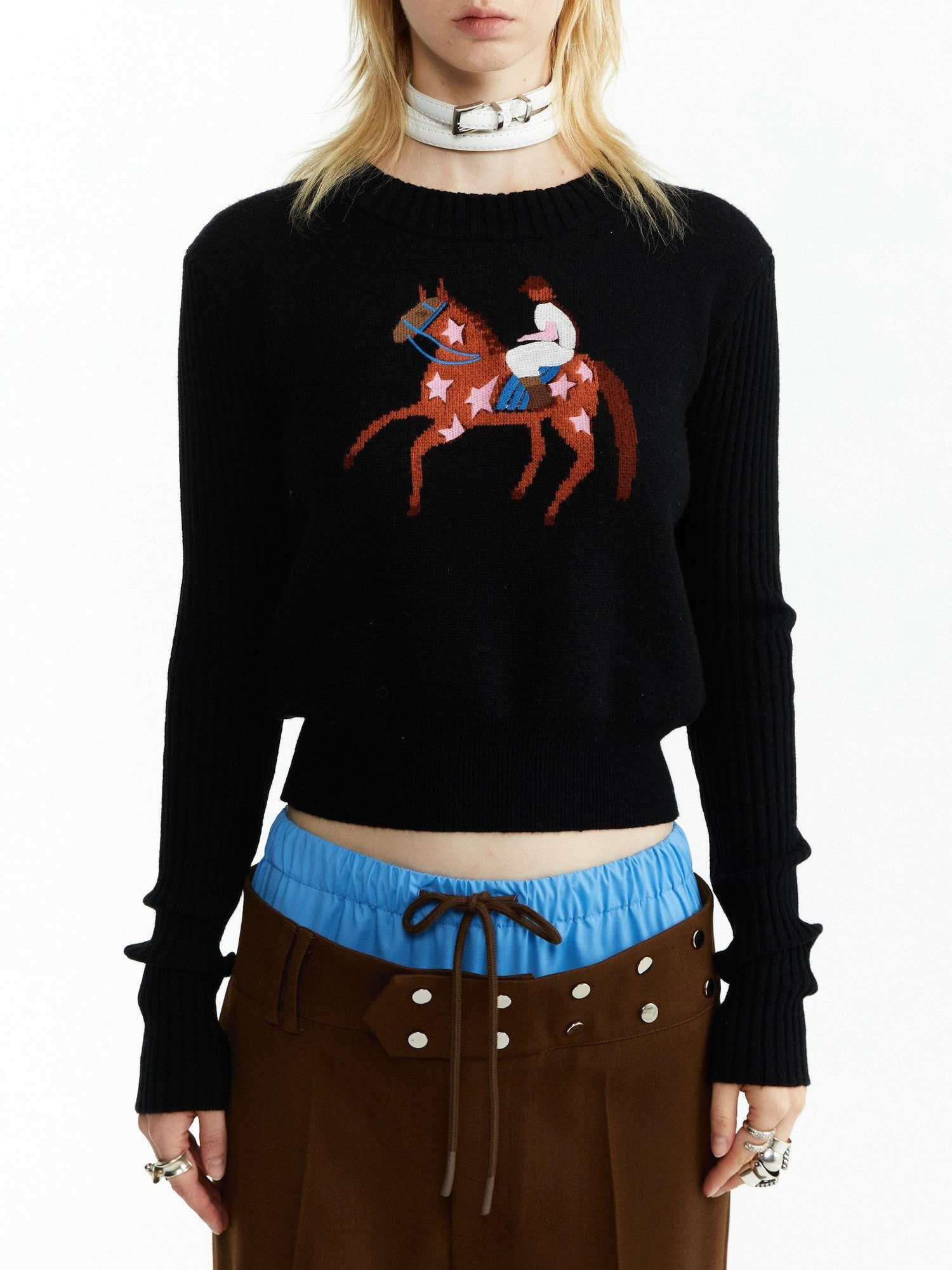 YOSHUYUKI Black Jacquard Equestrian Animal Knitted Women&