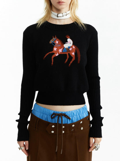 YOSHUYUKI Black Jacquard Equestrian Animal Knitted Women&