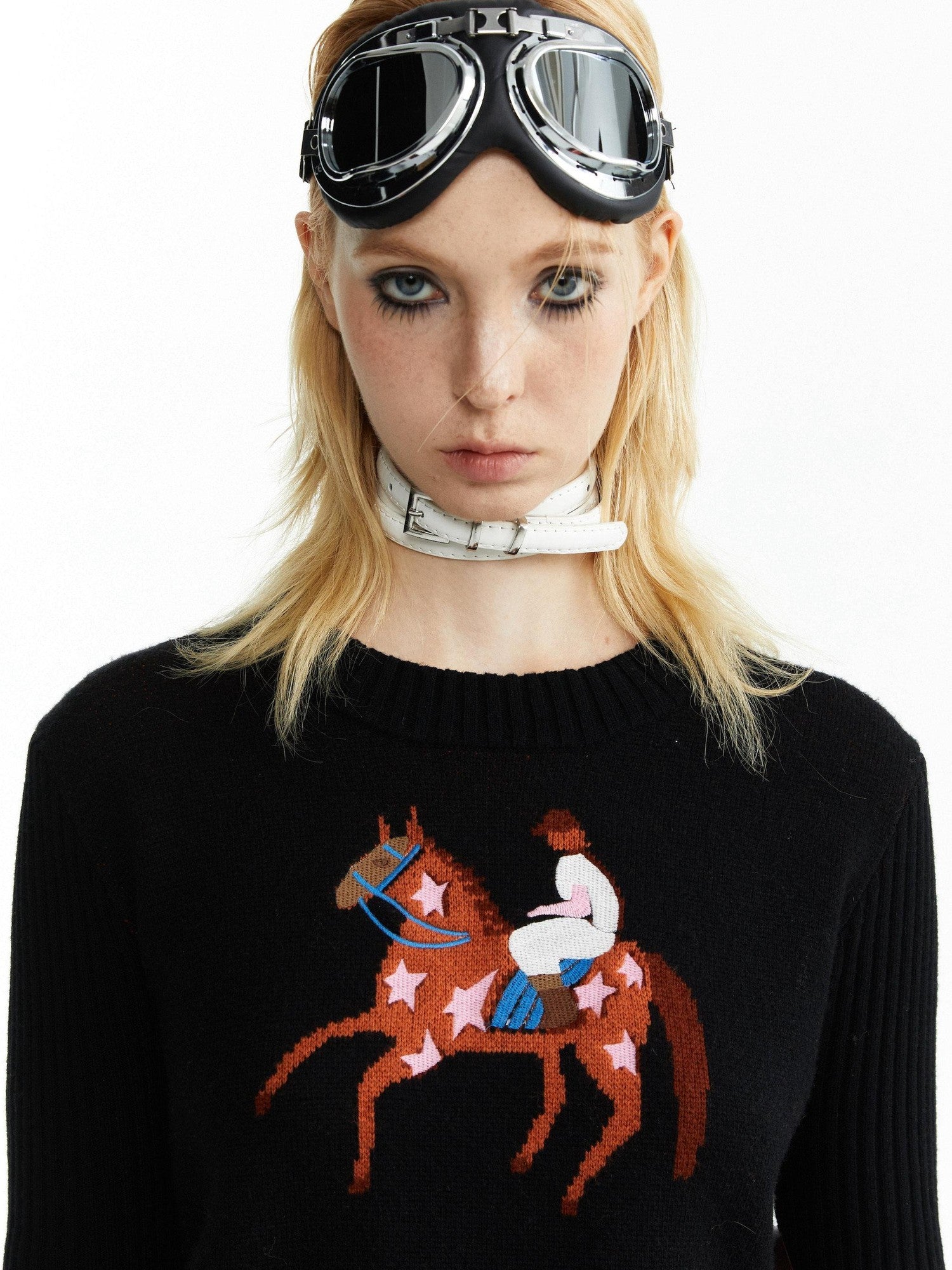 YOSHUYUKI Black Jacquard Equestrian Animal Knitted Women&