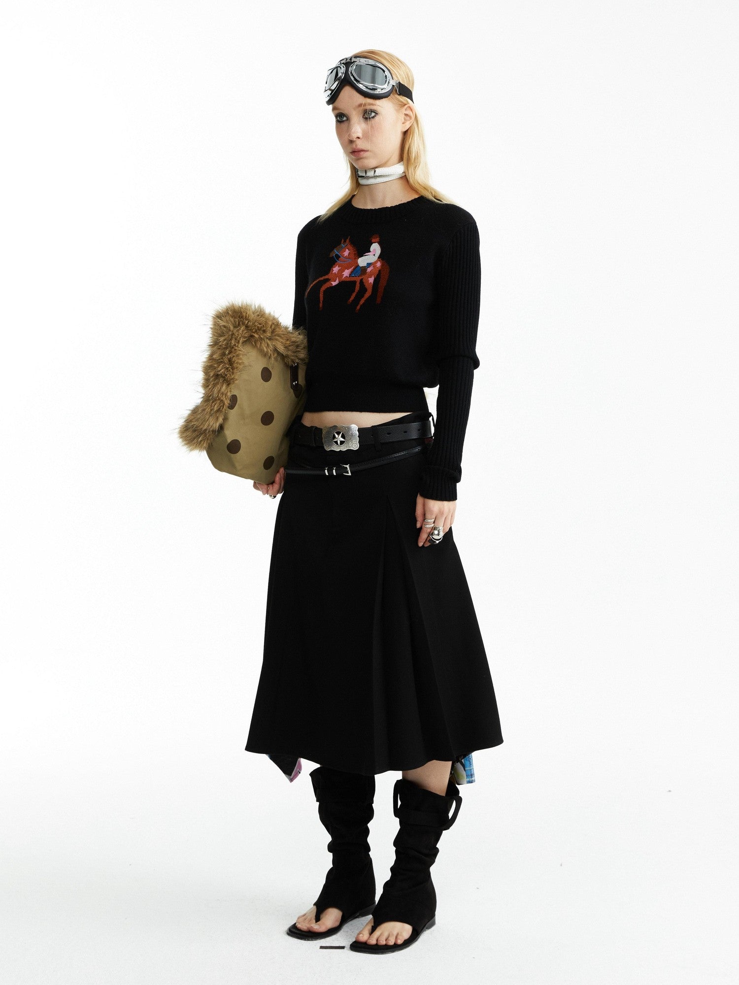 YOSHUYUKI Black Jacquard Equestrian Animal Knitted Women&