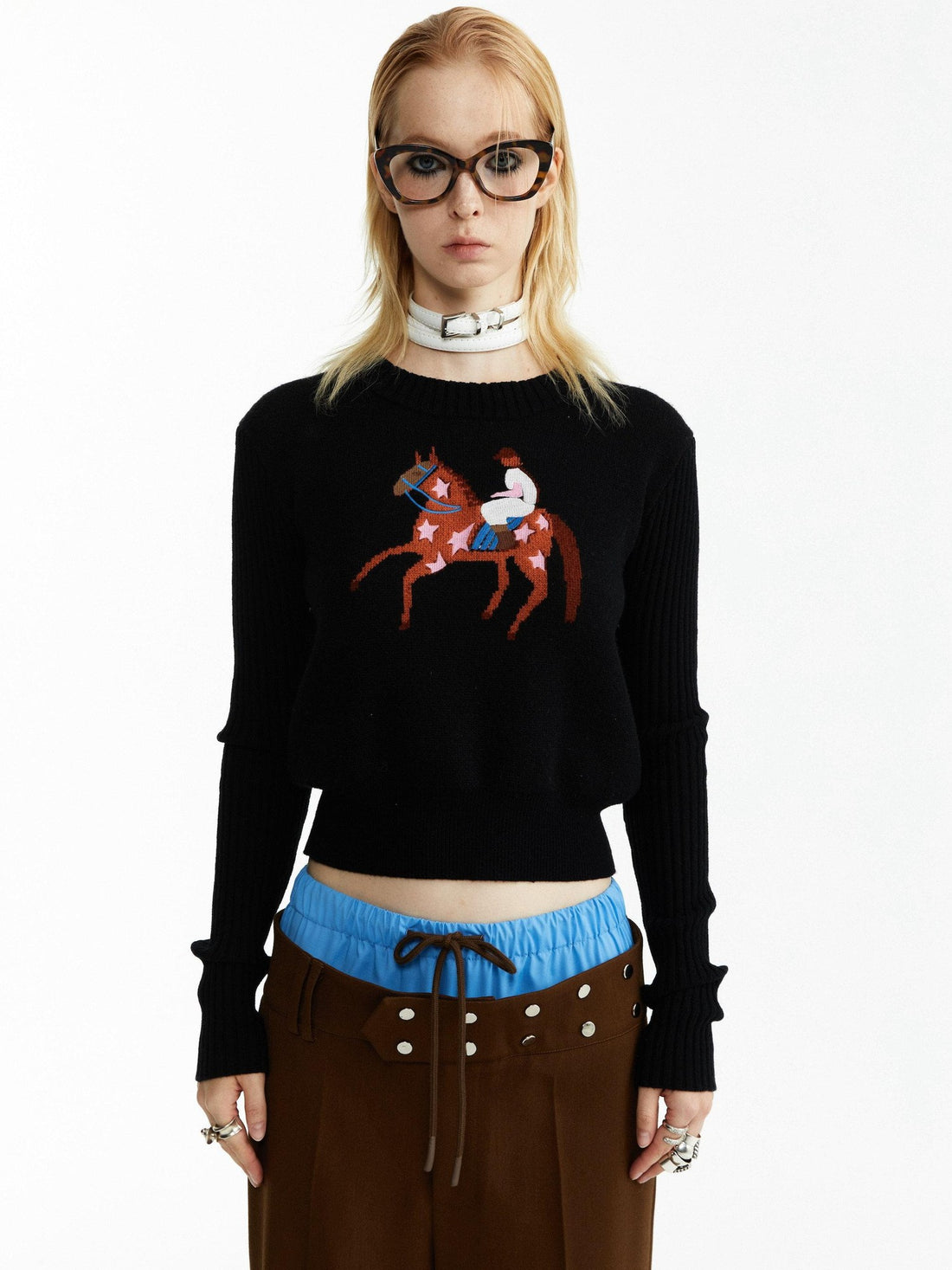 YOSHUYUKI Black Jacquard Equestrian Animal Knitted Women&