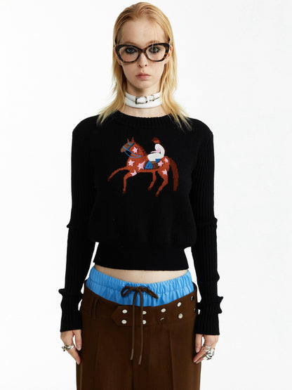 YOSHUYUKI Black Jacquard Equestrian Animal Knitted Women&