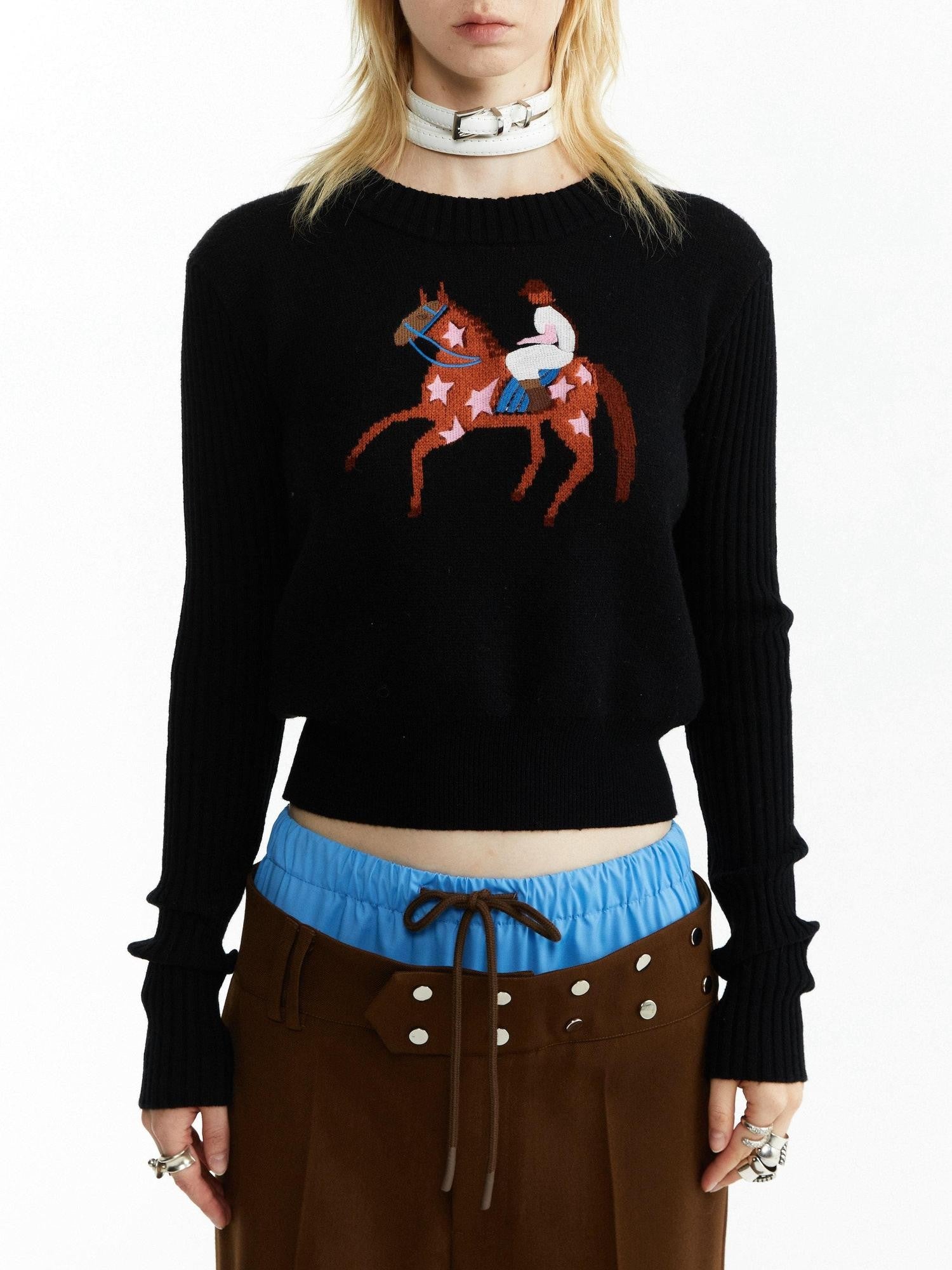 YOSHUYUKI Black Jacquard Equestrian Animal Knitted Women&