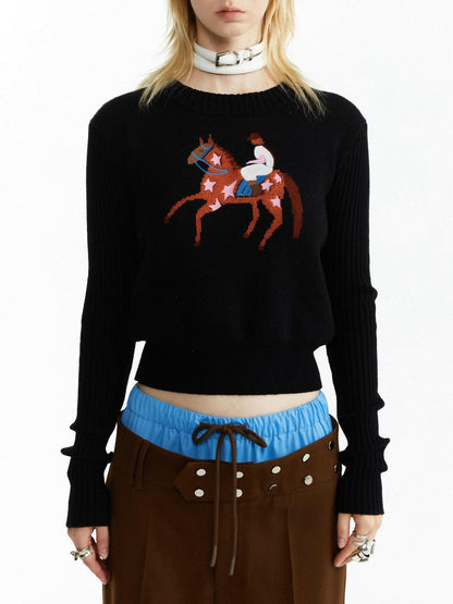 YOSHUYUKI Black Jacquard Equestrian Animal Knitted Women&