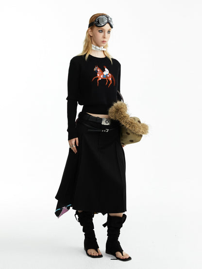 YOSHUYUKI Black Jacquard Equestrian Animal Knitted Women&