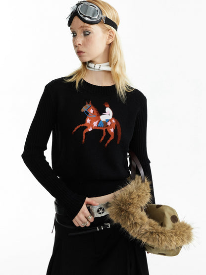 YOSHUYUKI Black Jacquard Equestrian Animal Knitted Women&