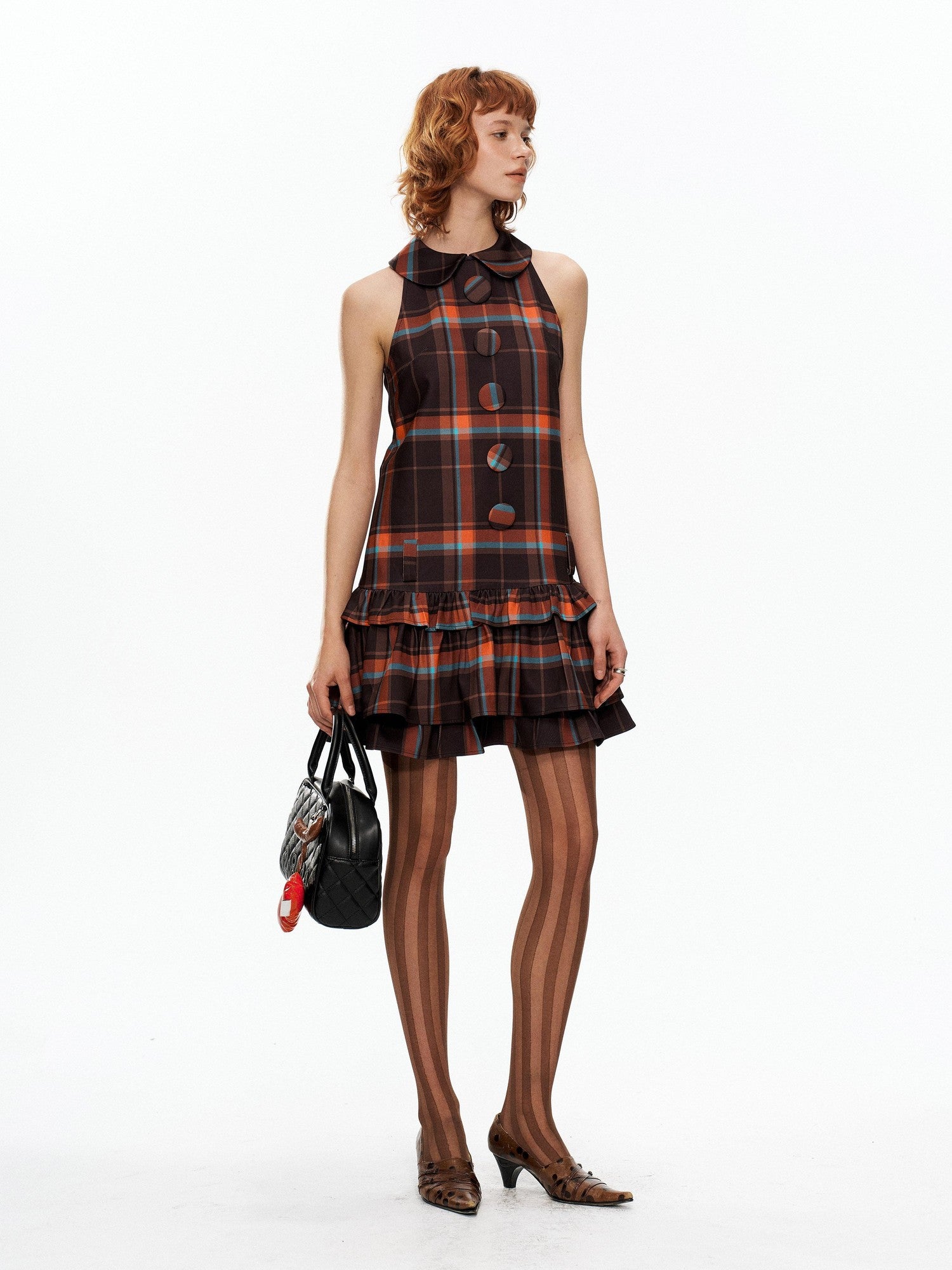 YOSHUYUKI Black Orange Plaid Vintage A Line Women&
