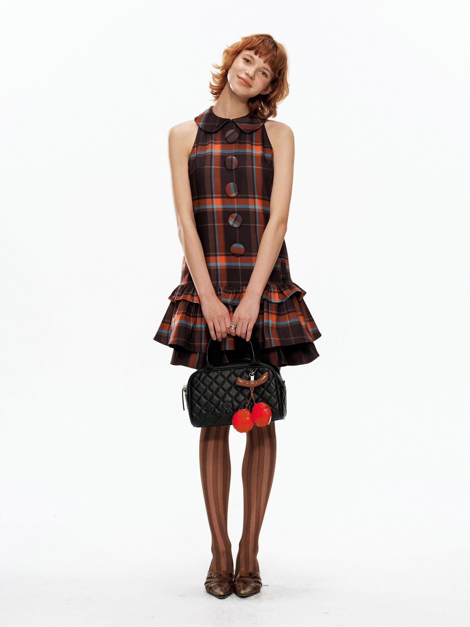 YOSHUYUKI Black Orange Plaid Vintage A Line Women&