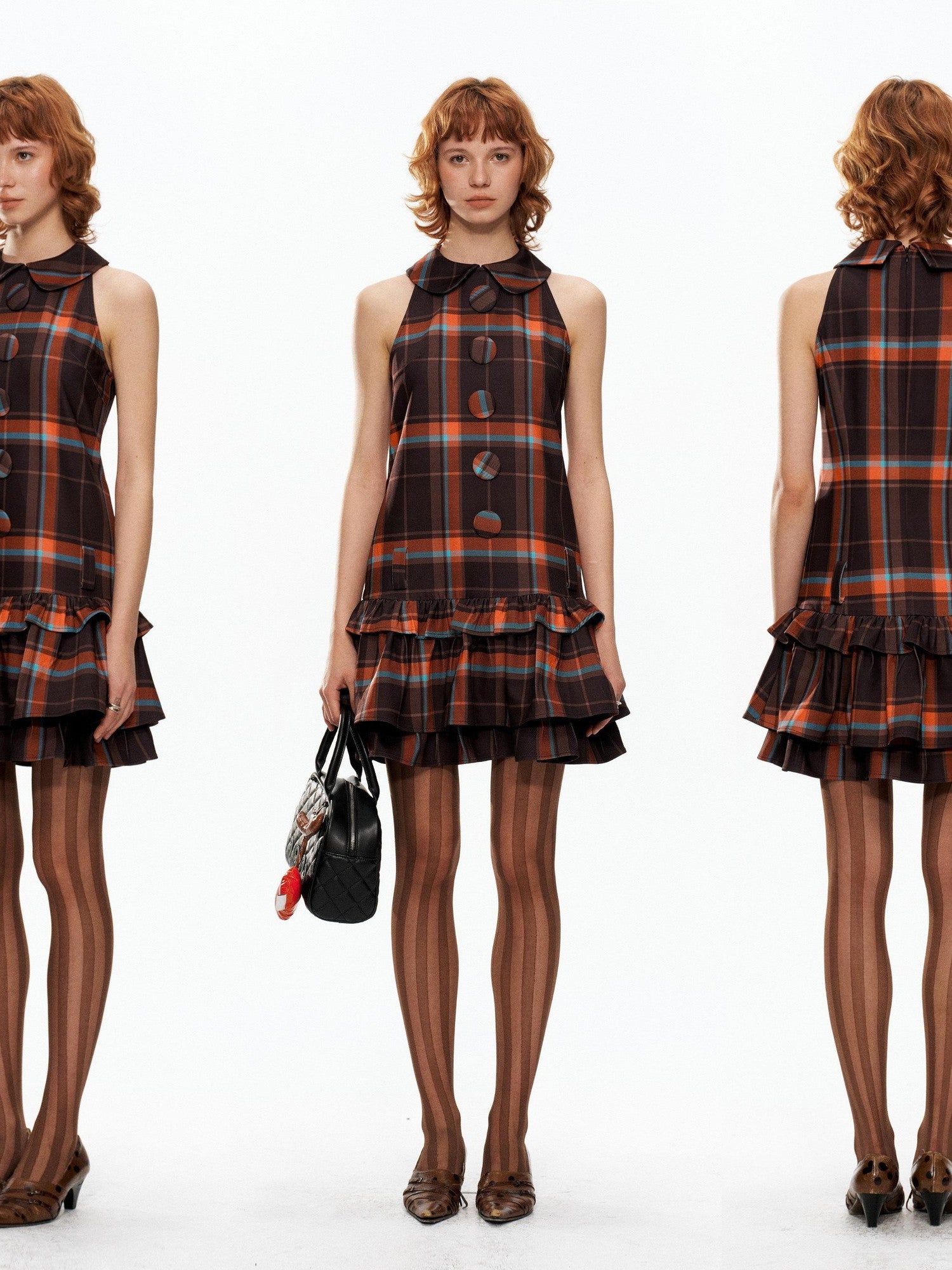 YOSHUYUKI Black Orange Plaid Vintage A Line Women&