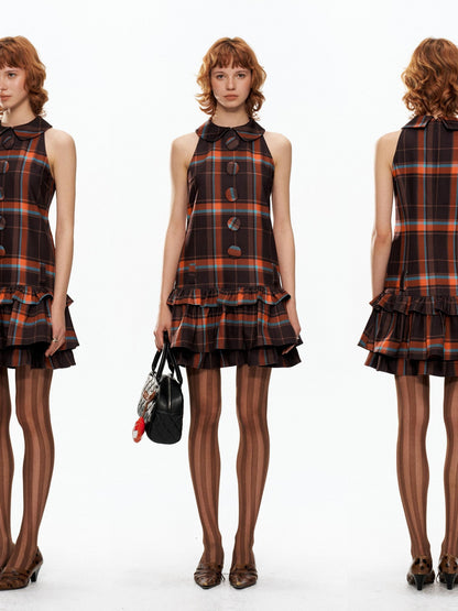 YOSHUYUKI Black Orange Plaid Vintage A Line Women&
