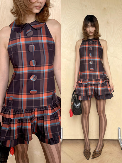 YOSHUYUKI Black Orange Plaid Vintage A Line Women&