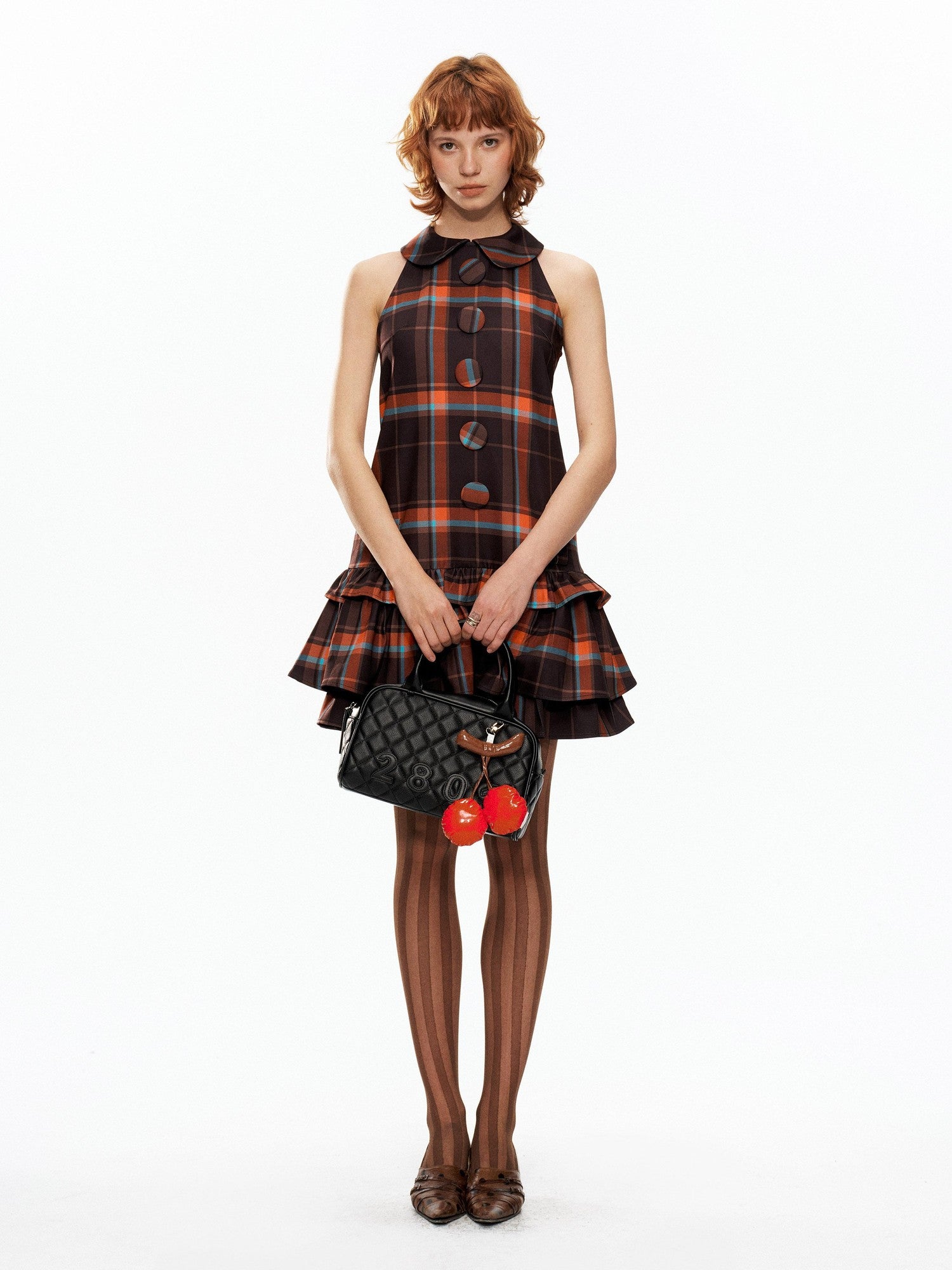 YOSHUYUKI Black Orange Plaid Vintage A Line Women&